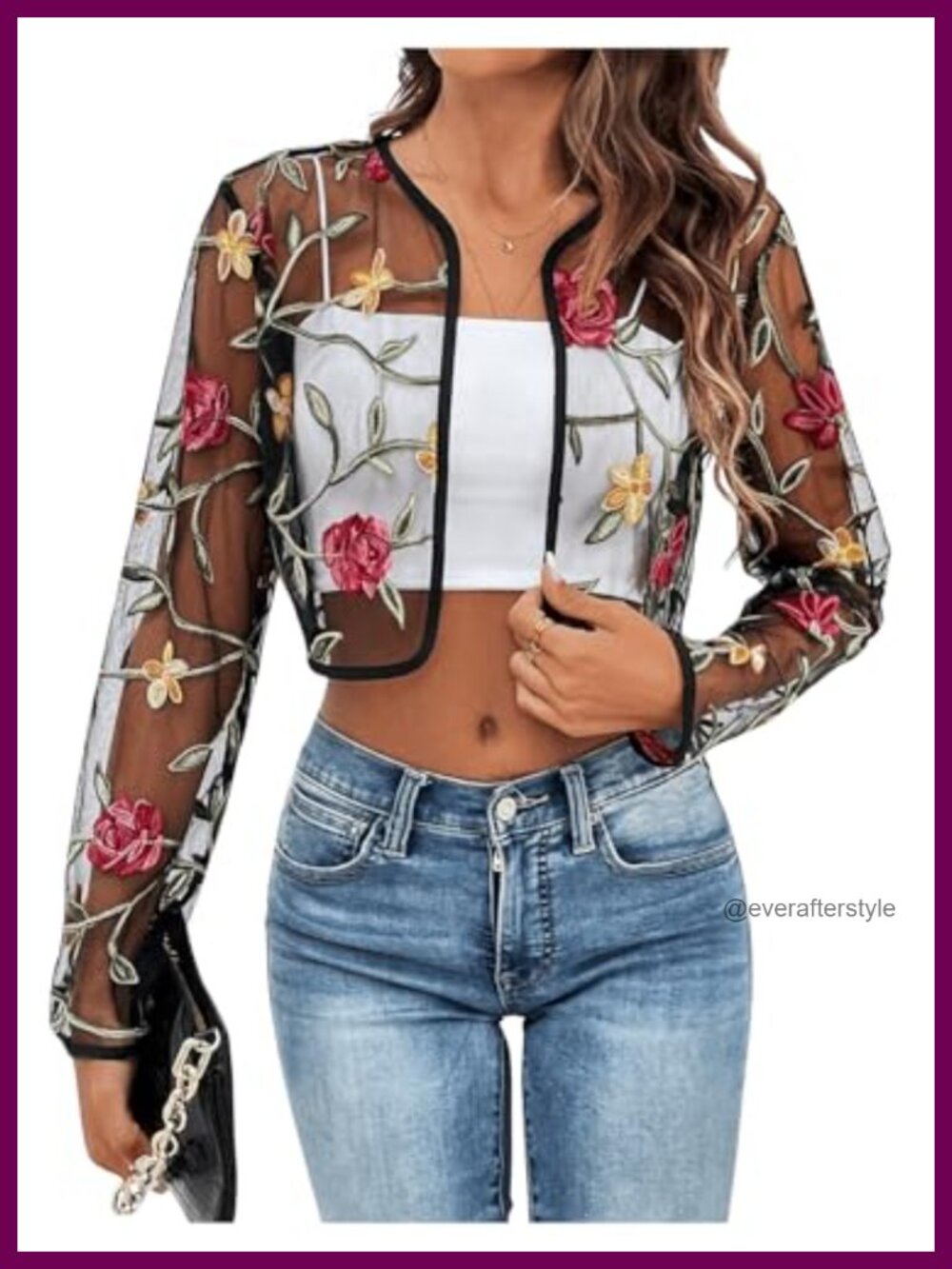 Floral Embroidered Sheer Open Front Crop Cardigan Long Sleeve Mesh Summer